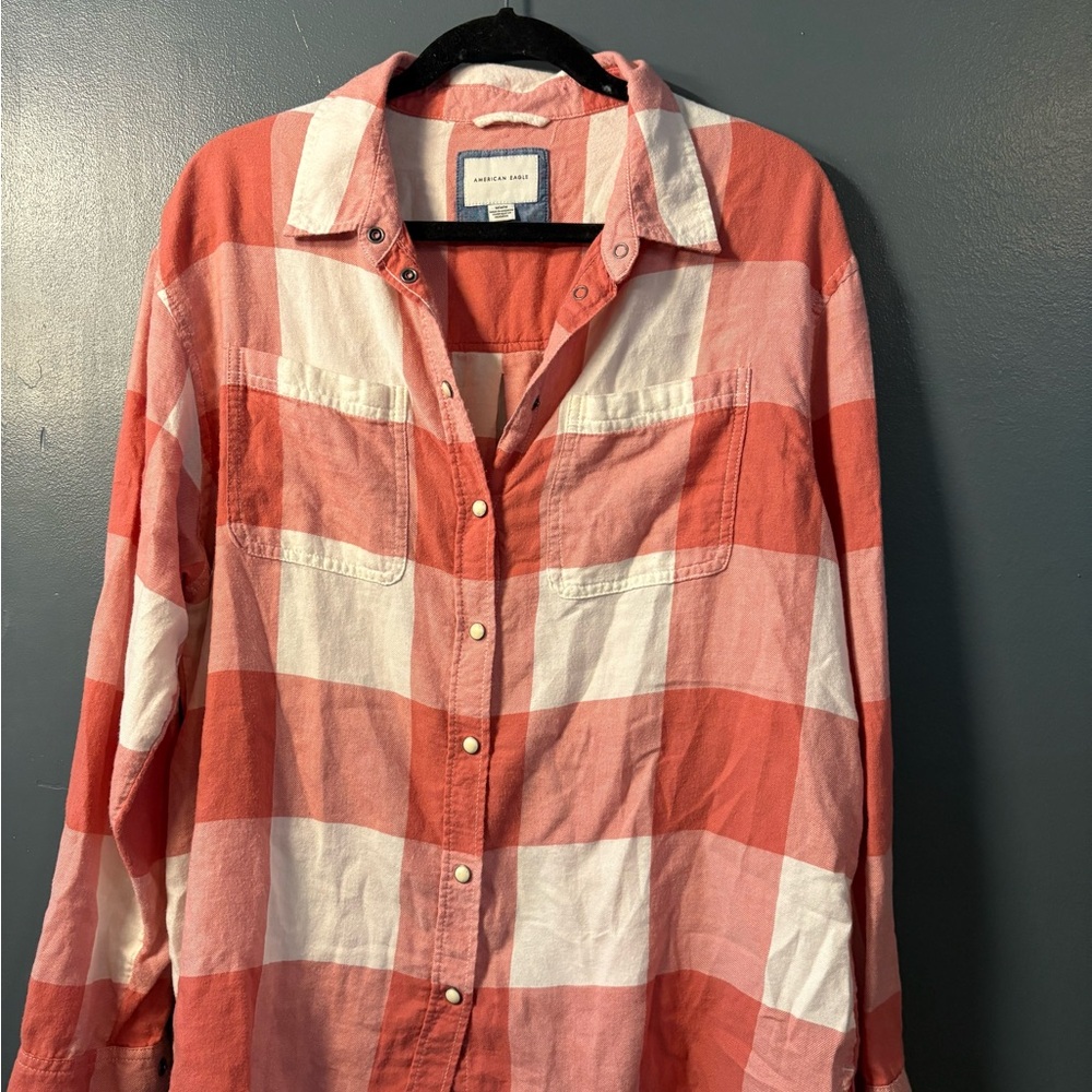 Pink and White Plaid Button-Up Flannel